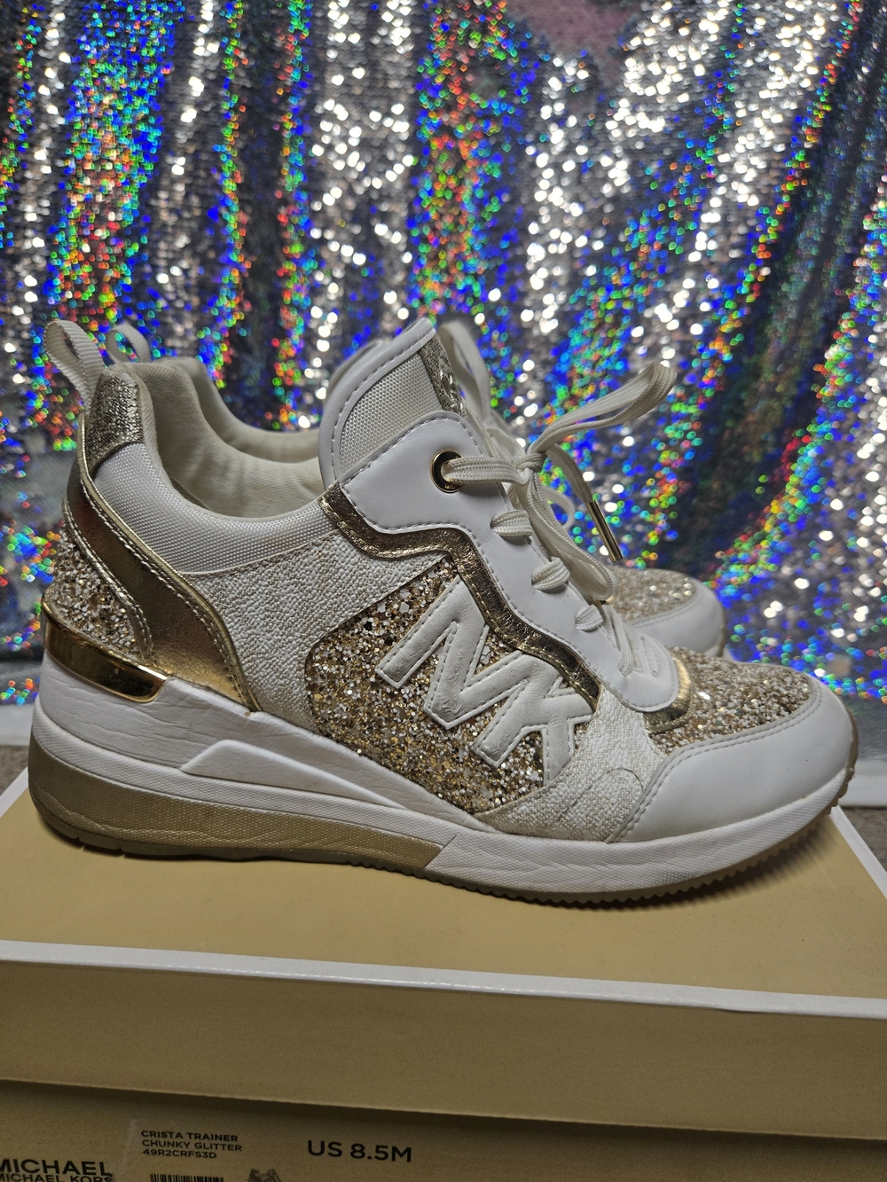 Michael Kors White and Gold Glitter Wedge Trainers